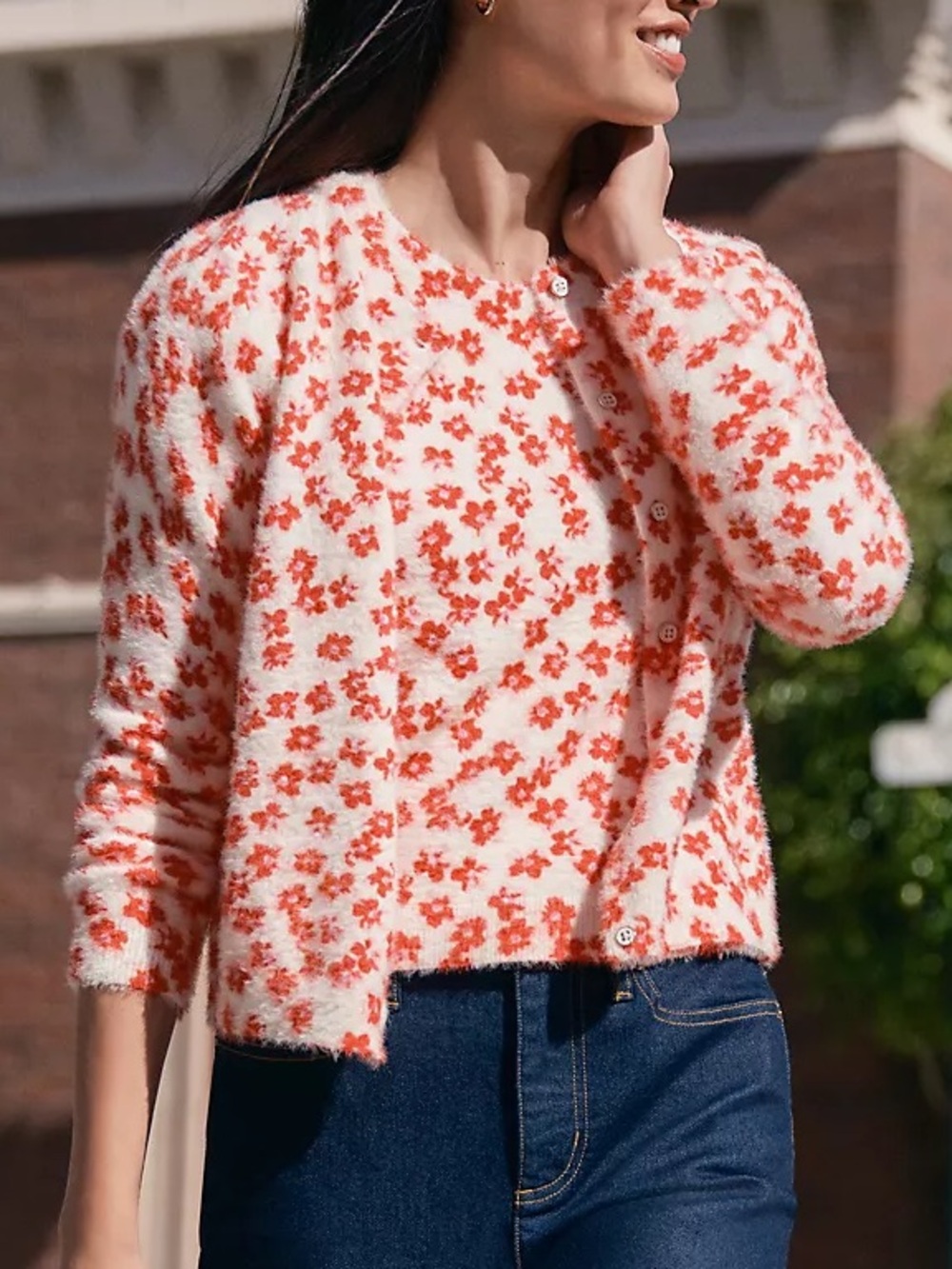 Women's Cream and Coral Floral Eyelash Crewneck Cardigan
